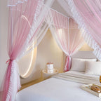 AIKASY 4 Corners Post Ruffle Princess Bed Canopy Curtain - Double Layer Cozy Drape Netting with 4 Openings - Elegant Mosquito Net for Girls and Adults Bedroom Decoration (Pink,Full)
