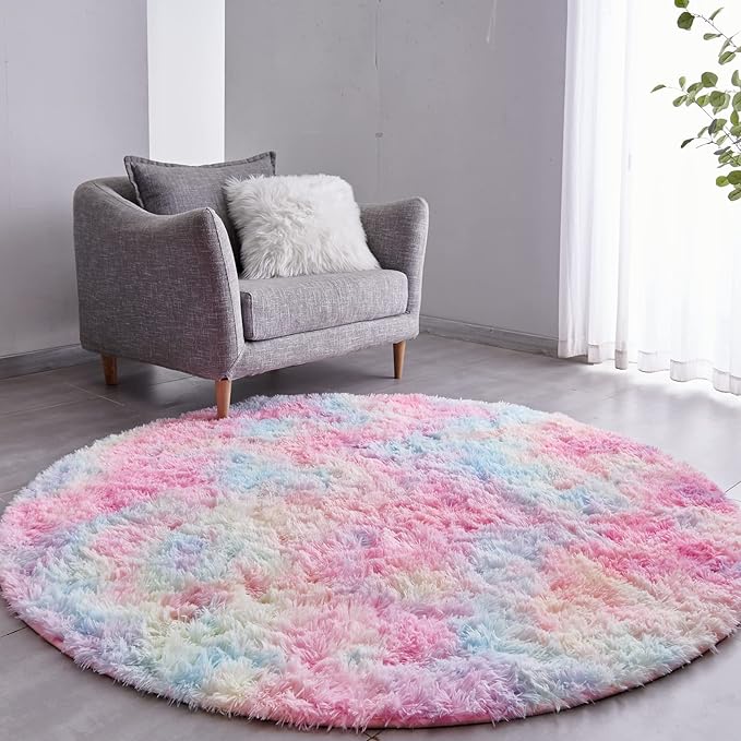 FJZFING Rainbow Round Rug Ultra-Soft Plush Modern 5x5 Circle Area Rug for Kid's Bedroom, Fluffy Shag Circular Rug for Nursery Room, Non-Slip Home Decor Colorful Carpet for Teen's Room