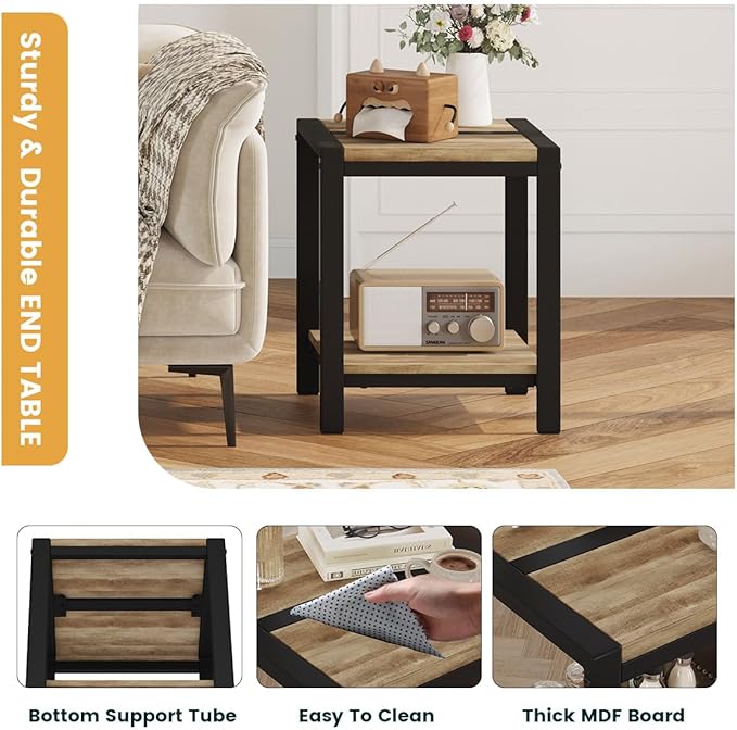 BON AUGURE End Table, Side Table for Living Room, Small Nightstand with 2-Tier Storage Shelf, Rustic Bedside Tables for Bedroom Space (Vintage Oak)