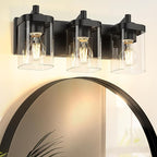 Bathroom Light Fixtures Over Mirror, 3-Light Matte Black Vanity Light with Square Clear Glass Shade, Modern Wall Sconces, Vanity Lighting Fixtures, VL194-MB-3