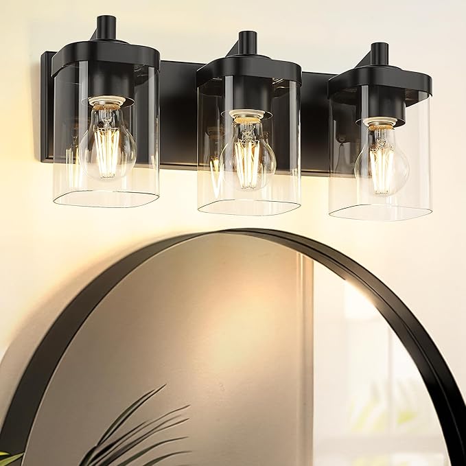 Bathroom Light Fixtures Over Mirror, 3-Light Matte Black Vanity Light with Square Clear Glass Shade, Modern Wall Sconces, Vanity Lighting Fixtures, VL194-MB-3