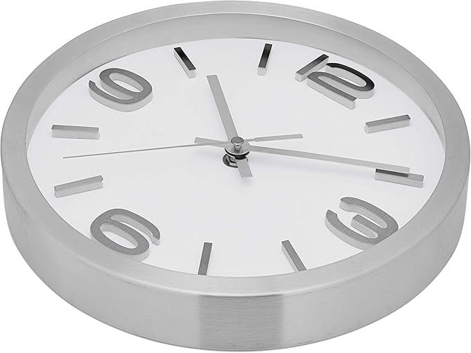 Bernhard Products Modern Wall Clock 10 Inch Silver Silent Non Ticking Battery Operated Round Elegant Metal Quality Quartz for Kitchen Home Office Clock with 3D Numbers, Easy to Read