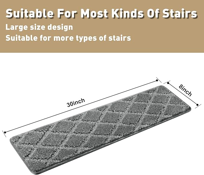 PURE ERA Carpet Stair Treads Tape Free Non Slip Indoor Stair Carpet Stair Protectors Pet-Friendly Non-Slip Skid Resistant Washable Reusable 8" x 30"(2 Pieces,Gray Diamond Trellis)