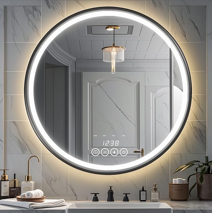 28 Inch Wall-Mounted Round Bathroom Mirror with LED-Lights - Frame Vanity Mirrors (28" x 28", Black)