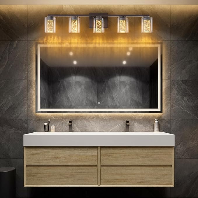 SineRise 5-Light Bronze Vanity Light with 3 Color Modes (3000K/4000K/6000K), Eye Protection LED Bathroom Light Fixture, Dimmable Modern Wall Light Over Mirror with Clear Glass Shade
