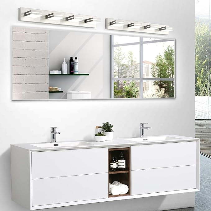 OKELI 4 Lights Bathroom Vanity Light Fixtures Brushed Nickel LED Dimmable Vanity Light Over Mirror Modern Wall Mounted Lighting Fixture, 350° Rotatable Lamp Head 32W Cold White 6000K ETL Listed