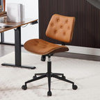 Armless Home Office Chair with Wheels, PU Leather Adjustable Height Computer Desk Chair, 360 Swivel Small No Arms Chair, Modern Button Walnut Style for Office, Reading Meeting Room(Brown)
