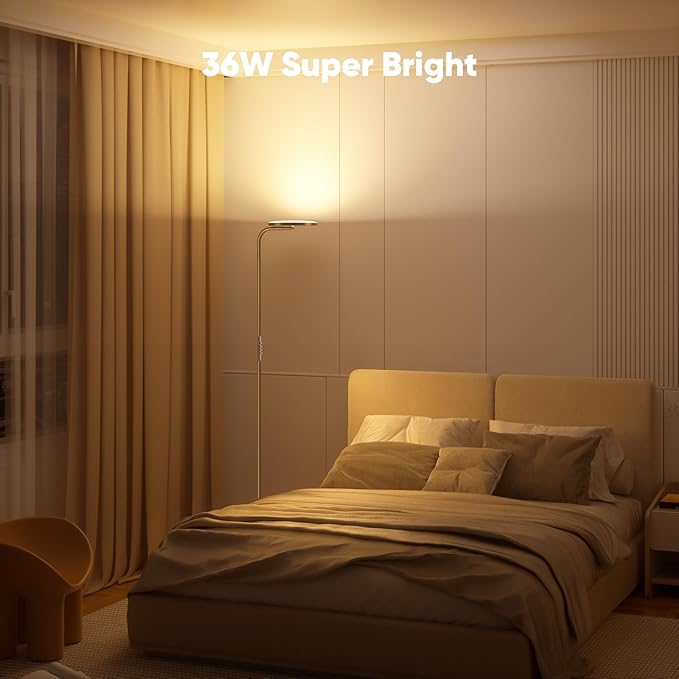 36W LED Floor Lamp, Upgrade Super Bright Standing Lamp, Modern Stepless Dimmable Torchiere Tall Lamp with Remote Control, 350°Rotating Head Reading Floor Lamp for Living Room, Bedroom, Office