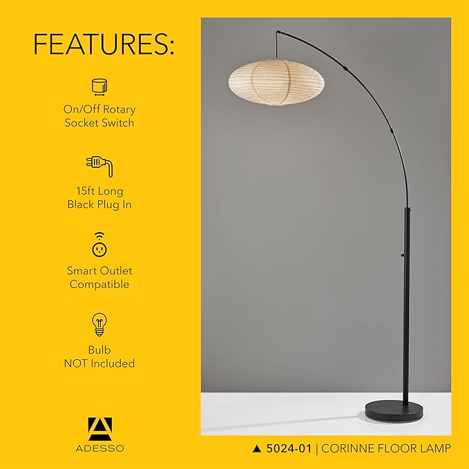 Adesso Arc Floor Lamp, 80” Tall Black Base, Oval Off-White Paper Shade – Convenient Overhead Lighting for Living Room, Nursery, Bedroom or Office