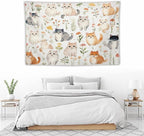 VUMIVI Cute Cat Tapestry Cartoon Pets Flowers Mushrooms Butterflies Watercolor Illustrations Tapestry Wall Hanging for Living Room Bedroom Dorm Classroom Aesthetic Decor W90xL60in
