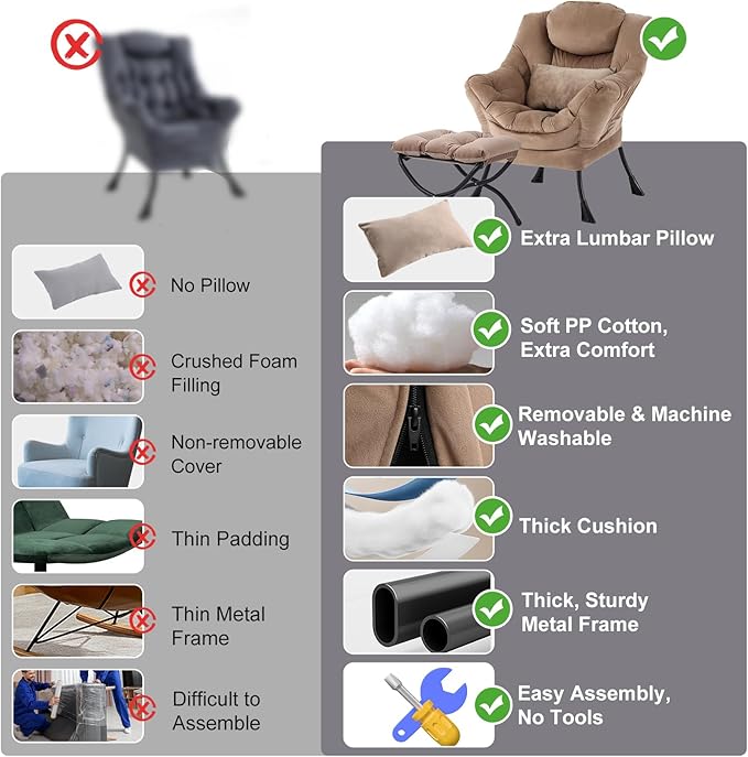 Lazy Chair with Ottoman, Modern Accent Chair with Lumbar Pillow, Velvet Khaki Sofa, Lounge Chairs with Folding Footrest, Oversized Supportive Chairs for Bedroom, Reading