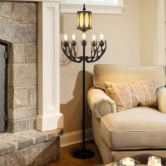 Wellmet Vintage Black Floor Lamp, 5-Light Farmhouse Modern Floor Lamp, for Living Room, Entryway, Hallway, Bedroom, Reading Room, (E12 Bulb Base)