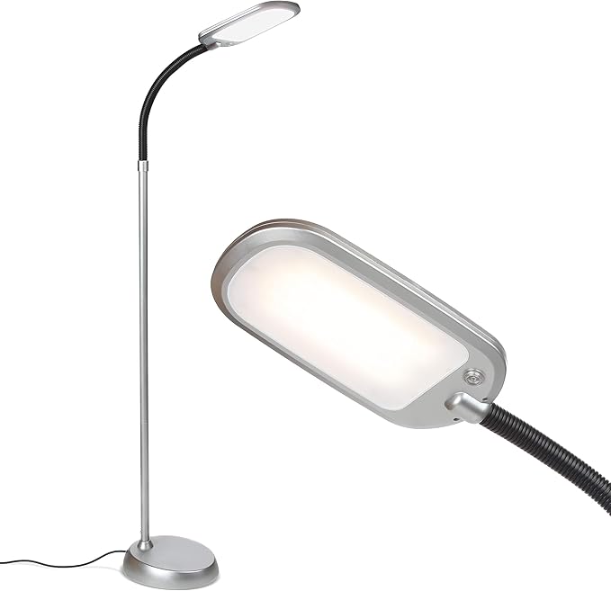Brightech Litespan Slim LED Floor Reading Lamp with Adjustable Gooseneck for Living Rooms & Offices, Dimmable Standing Lamp for Bedroom - Silver