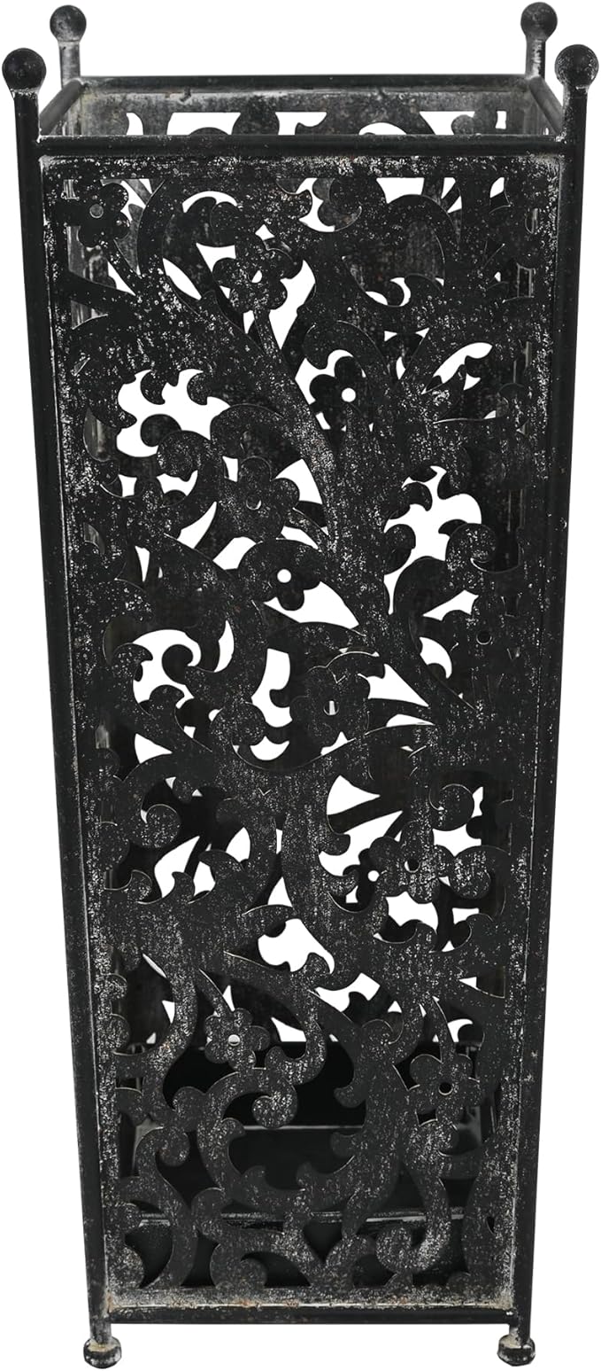 Vintage Metal Umbrella Holder Decorative Flower Design Square Umbrella Stands Entryway Organizer Bucket for Home/Office/Farmhouse - Holds Multiple Umbrellas, Walking Sticks & Canes (Black)