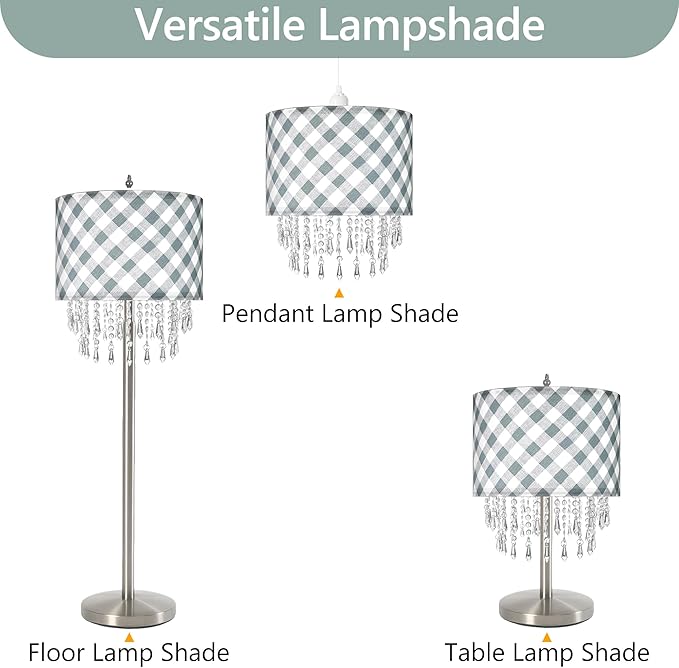 Teal & Grey Checkered Lamp Shade with Crystal Beaded Droplets, Drum Fabric Light Shade for Ceiling Pendant Table & Floor Lamps, Kid Boy Girl Teen Dorm Nursery Decor, 11.8in