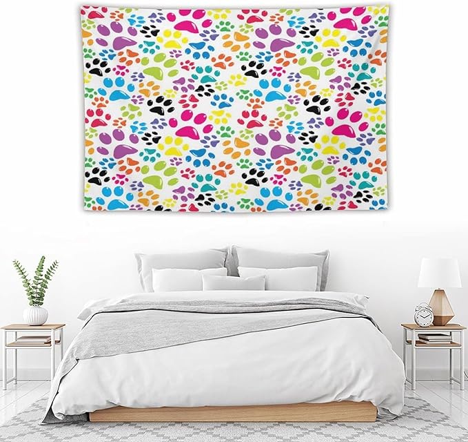 VUMIVI Dog Paw Tapestry Funny Colorful Cartoon Animal Footprints Blue Black Red Tapestry Wall Hanging for Living Room Bedroom Dorm Classroom Aesthetic Decor W90xL60in