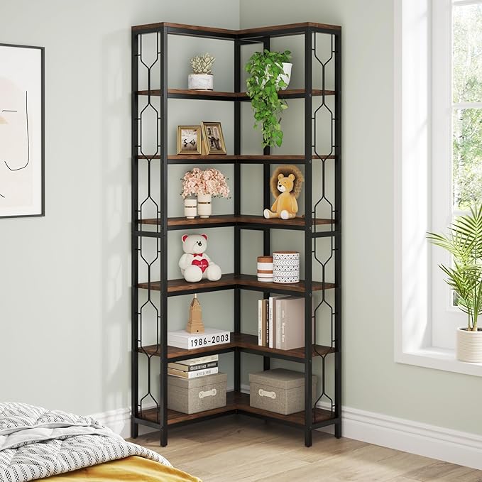 Tribesigns Corner Shelf, 7-Tier Industrial Corner Bookshelf, Wood and Metal Etagere Bookcase, Freestanding Display Shelf for Living Room, Kitchen, Home Office, Rustic Brown | Corner Bookshelf, Etagere Bookcase, Display Shelf, Living Room, Kitchen, Home...