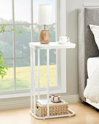 C Shaped End Table, 27 Inches High Small Side Table for Sofa and Bed, Couch Table Slides Under, Tall Tv Tray Table for Living Room, Bedroom, Metal Frame, Snow White