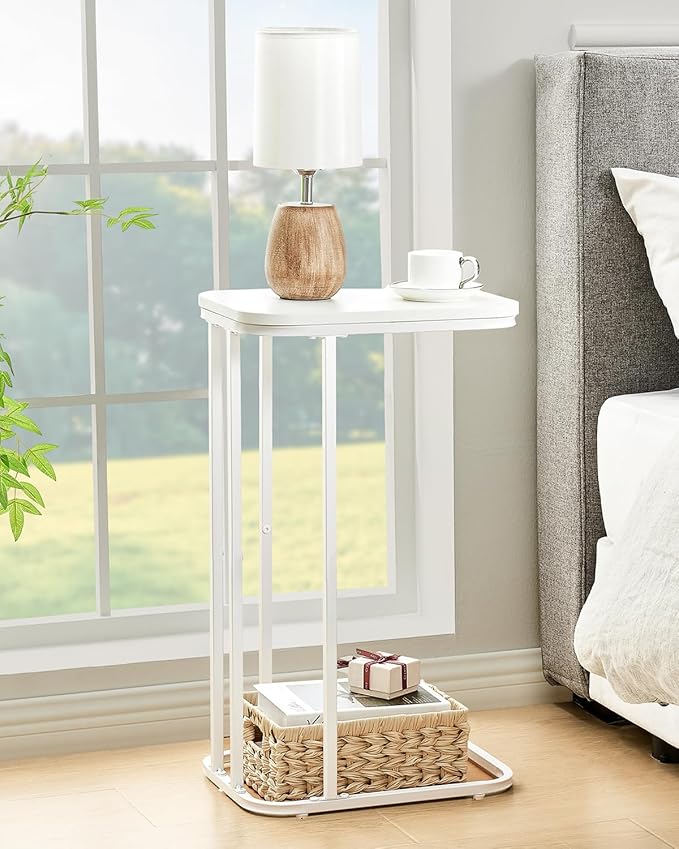 C Shaped End Table, 27 Inches High Small Side Table for Sofa and Bed, Couch Table Slides Under, Tall Tv Tray Table for Living Room, Bedroom, Metal Frame, Snow White
