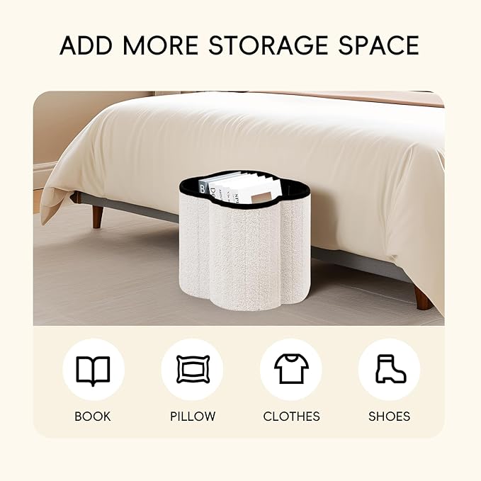 PINPLUS Storage Ottoman Cube Flower-Shaped Boucle Footrest Stool with Hidden Storage, Multi-Functional Cube Seat for Living Room, Dorm - White 12.6"x12.6"x12.6"