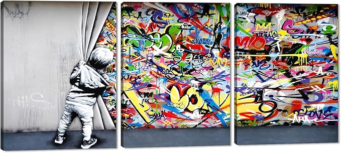 Novatique Banksy Wall Art Street Graffiti Wall Art Behind The Curtain Graffiti Posters Paintings Street Art Prints Decor for Living Room Bedroom, 12" x 16" x 3Pcs