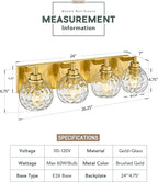 Bathroom Light Fixtures Over Mirror, 26" Brushed Gold Bathroom Vanity Light with Clear Hammered Glass Globe Shade, 4-Light Modern Sconces Wall Lighting, VL200-BG-CL-4