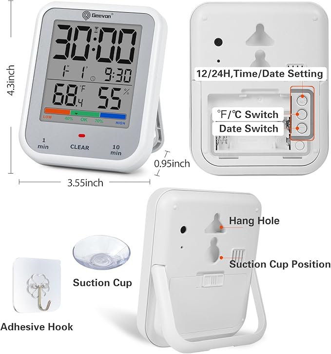 Geevon Digital Bathroom Clock, Waterproof Shower Timer with Large Touch Screen, Battery Operated Bathroom Wall Clock with Temperature & Humidity Display - Suction Cup/Hanging Hole/Stand (Silver)