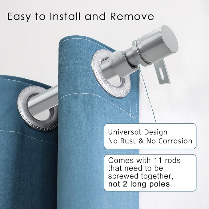Curtain Rods for Windows 16 to 170 Inches Adjustable Length 1 Inch Diameter Window Curtain Rod with Aluminium End Cap, Silver Gray