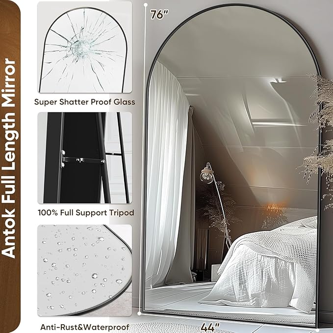 Antok Full Length Mirror, 76"x44" Floor Mirror, Arched Floor Standing Freestanding Arch Full Body Mirrors with Stand for Bedroom, Hanging Mounted for Living Room Cloakroom,Black