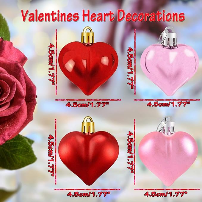 24 Pieces Heart Shaped Ornaments Valentine's Day Heart Ornaments for Valentine's Day, Hearts Baubles Decorations for Valentines Wedding Anniversary Home Party Decor(Red, Pink)