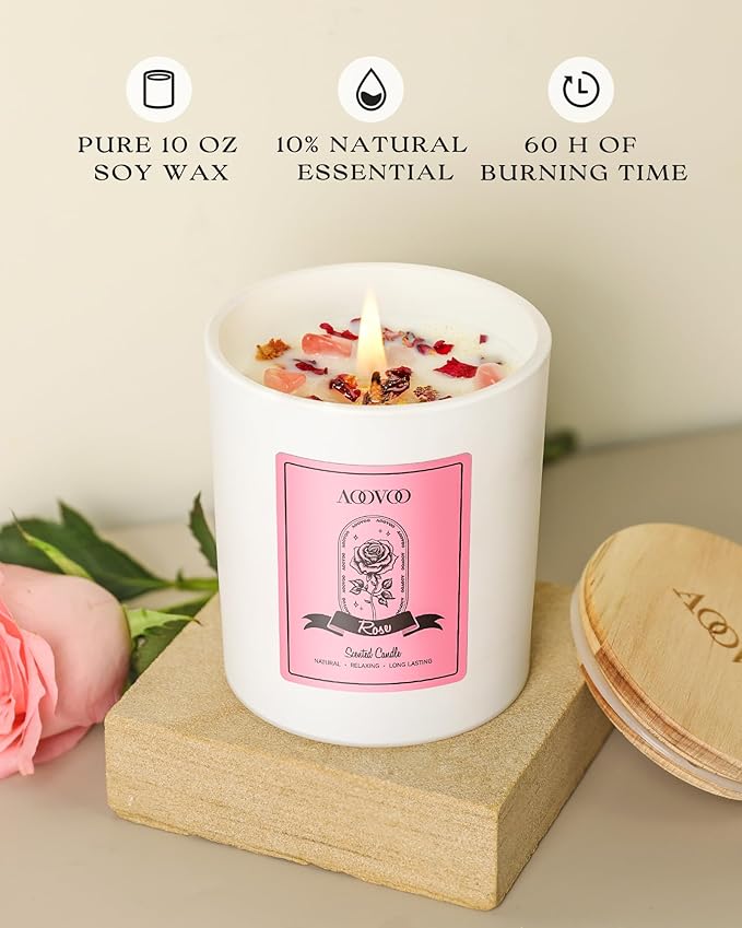 AOOVOO Rose Scented Candles for Women - Aromatherapy Candle with Crystals Inside, 10oz Soy Candles for Home Scented, Birthday Gifts Valentines Day Candle for Mom Women