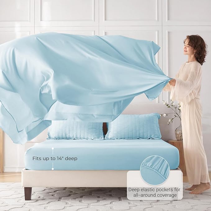 MUXHOMO 7 Pieces California King Comforter Set, Seersucker Bed in a Bag Cal King Size, All Season Luxury Bedding Set with Comforter, Flat Sheet, Fitted Sheet, Pillowcases & Shams, Lake Blue