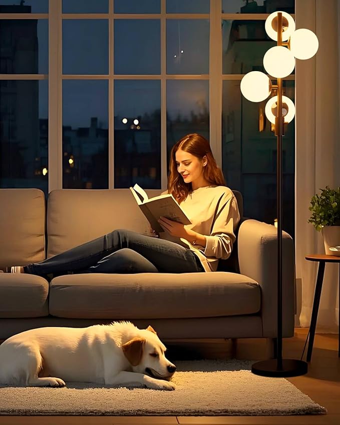 Lightdot 5-Globe Dimmable Globe Floor Lamp Black Retro Standing Lamps with 3000K Bulbs Included Brightness Adjustable Mid Century Modern Floor Lamp for Living Room/Bedroom/Sofa Beside/Corner Decor