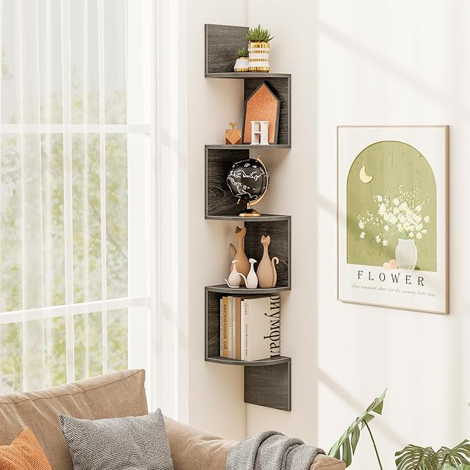 Tangkula 5-Tier Corner Shelf Wall Mount, Farmhouse Floating Corner Bookshelf, Industrial Modern Display Shelf Stand, Wooden Storage Organizer for Living Room Home Office (2, French Oak)