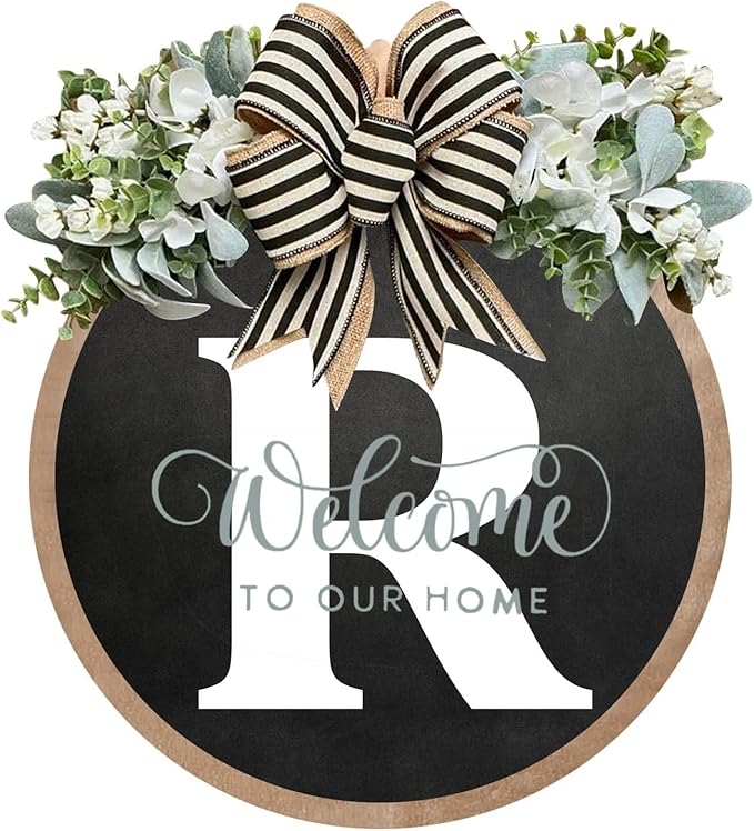 Circular Surname Front Door Welcome Sign - 26 Letter House Wreath, Front Porch Decorations, Year-Round Home Decor (R)