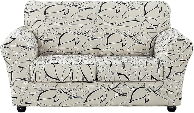 KRFOONN 3 Piece Printed Couch Cover for 2 Cushion Couch Stretch Sofa Loveseat Slipcover with 2 Separate Seat Cushion Covers Furniture Protector with Elastic Bottom for Living Room (Loveseat, 58)