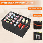 Aokeyee 2 Pack Shoe Organizer for Closet, Large Shoe Storage Box Fits up to 48 Pairs, Space Saving Foldable Shoes Organizer Bin w/Clear Cover and 4 Reinforced Handles, Black