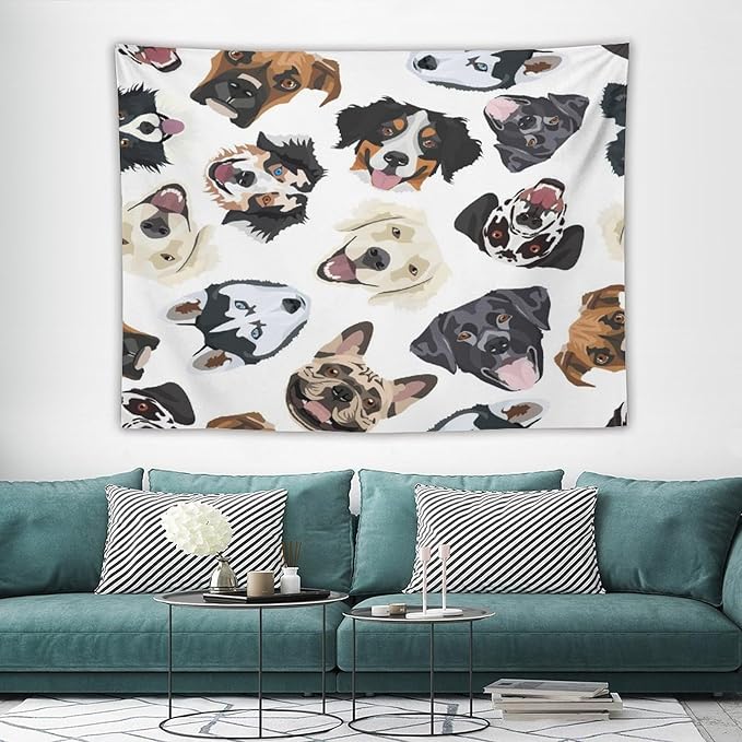 VUMIVI Dog-Head Tapestry Cartoon Pet Illustrations Cute Funny Animals Colorful Graffiti Tapestry Wall Hanging for Living Room Bedroom Dorm Classroom Aesthetic Decor W80xL60in