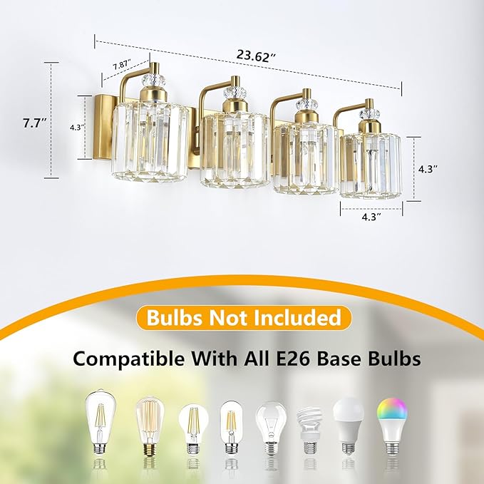 4-Light Modern Vanity Lights Brushed Brass Bathroom Light Fixtures Over Mirror Gold Bathroom Vanity Lighting with Crystal Shade E26 Base Wall Sconce for Bedroom Living Room Restroom Wall Lamp