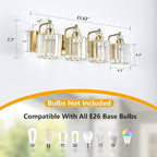 4-Light Modern Vanity Lights Brushed Brass Bathroom Light Fixtures Over Mirror Gold Bathroom Vanity Lighting with Crystal Shade E26 Base Wall Sconce for Bedroom Living Room Restroom Wall Lamp