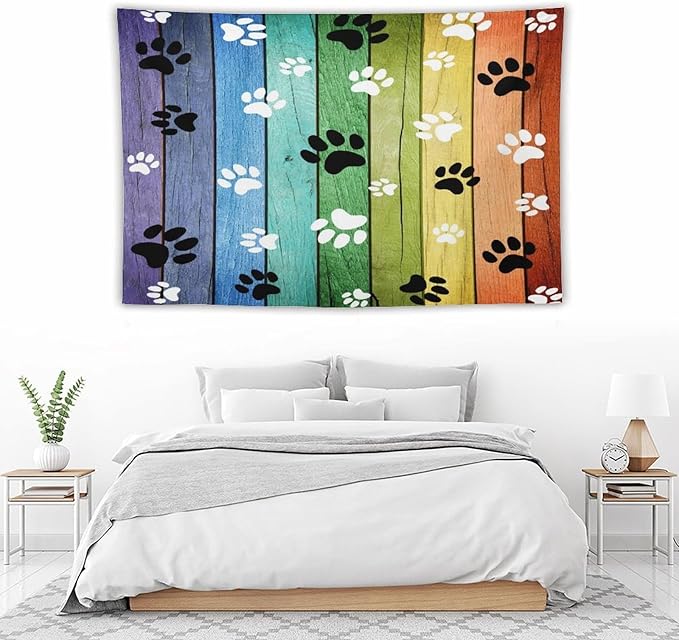 VUMIVI Dog Paw Tapestry Vintage Rustic Colorful Barn Boards Black White Animal Footprints Tapestry Wall Hanging for Living Room Bedroom Dorm Classroom Aesthetic Decor W90xL60in