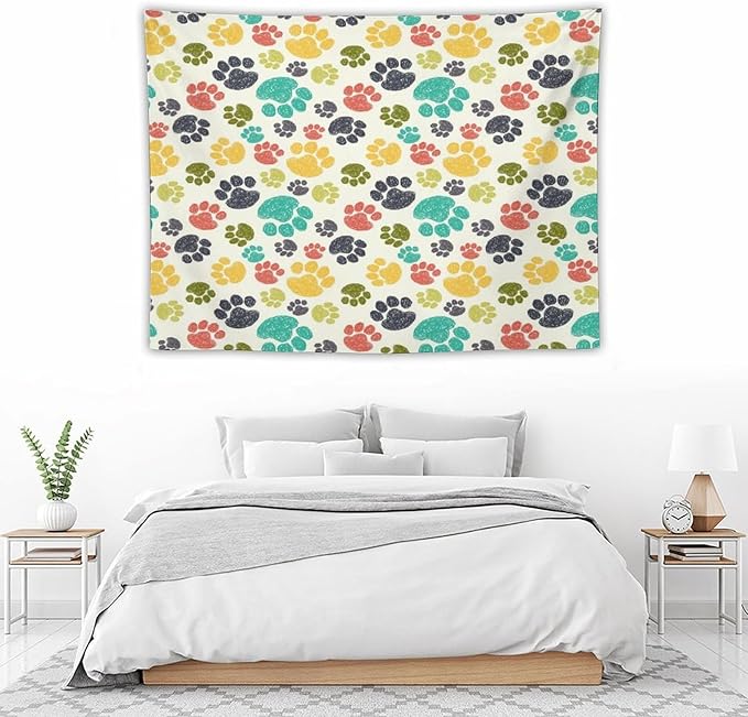 VUMIVI Dog Paw Tapestry Hand Painted Colorful Animal Footprints Doodle Kids Painting Tapestry Wall Hanging for Living Room Bedroom Dorm Classroom Aesthetic Decor W40xL30in