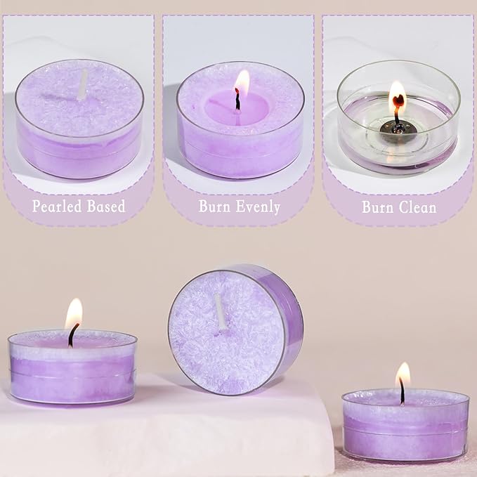 Unscented Tea Lights Candles for Easter, 5 Hours Purple Pearled Tea Lights Candle Bulk for Spring,Smokeless Mini Tealight Votive Candles for Wedding,Valentine's Day,Baby Shower,Christmas, 12pcs