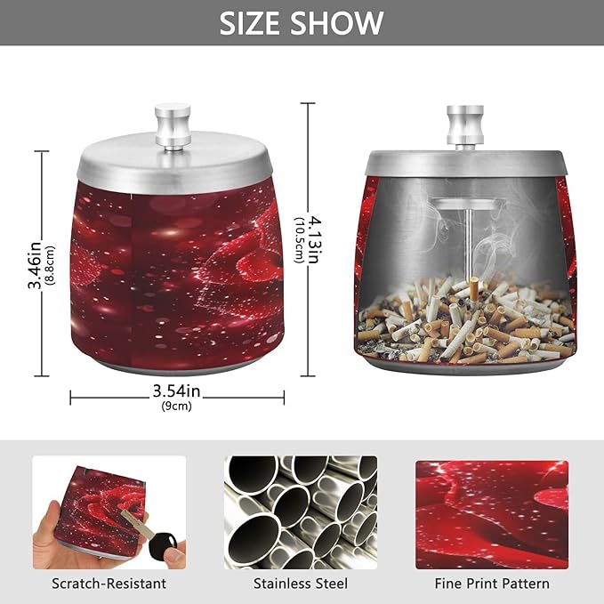 Rose Glitter Ashtray with Lid, Outdoor Ashtrays for Patio, Stainless Steel Ashtray Odorless Smokeless for Home Office Balcony
