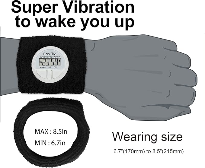 Coolfire Vibrating Alarm Clock - Silent Alarm Wristband Vibrating Alarm Watch. Silent Wrist Shock Alarm Clock. Vibration Alarm Bracelet Deep Sleeper & Vibrate Alarm (Black) (Black)