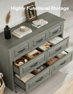Marsail Farmhouse 7 Drawer Dresser, Wood Chest of Drawers with Natural Texture, Smooth Gliding Drawers, Versatile Storage Organizer Cabinet for Bedroom & Living Room, Grey