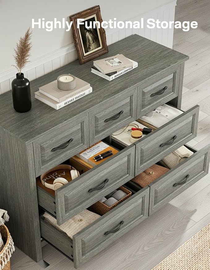 Marsail Farmhouse 7 Drawer Dresser, Wood Chest of Drawers with Natural Texture, Smooth Gliding Drawers, Versatile Storage Organizer Cabinet for Bedroom & Living Room, Grey