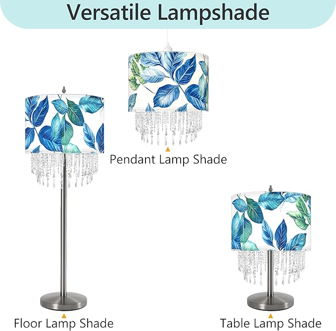 Blue Leaf Tropical Leaf Lamp Shade with Acrylic Bead Droplets, Drum Fabric Light Shade for Ceiling Pendant Table or Floor Lamps, Botanical Nature Home Decor, 15.7in