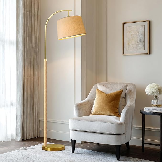 63" Wood Floor Lamps for Living Room with Foot Switch Arc Tall Standing Lamp for Bedroom Mid Century Modern Corner Gold Floor Lamps for Office Nursery Industrial Reading Lamp, Natural Wood