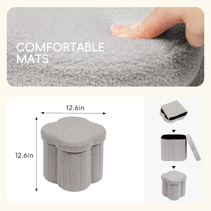PINPLUS Floral Storage Ottoman Cube Boucle Footrest Stool with Lid, Multi-Functional Cube Seat for Living Room, Dorm & Bedroom – Grey 12.6"x12.6"x12.6"